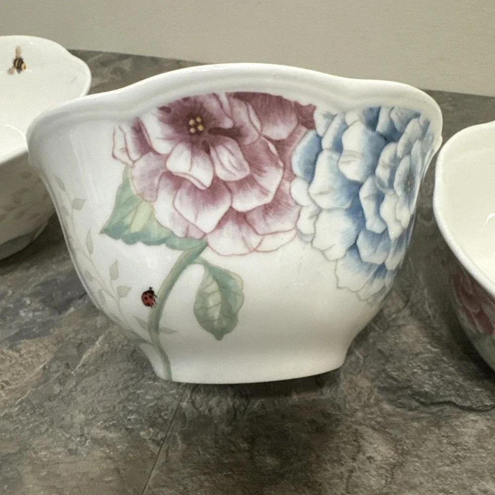 3 LENOX Butterfly Meadow Hydrangea Rice Bowl Scalloped Edge Bowls Spring EUC